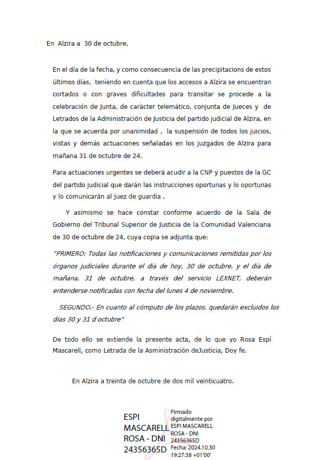 Suspensió actuacions judicials a Alzira 31-10-2024